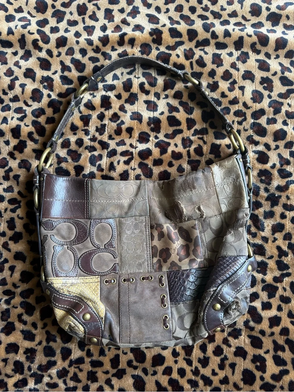 Coach Patchwork Multitone Brown Leather and Signature Hobo Bag